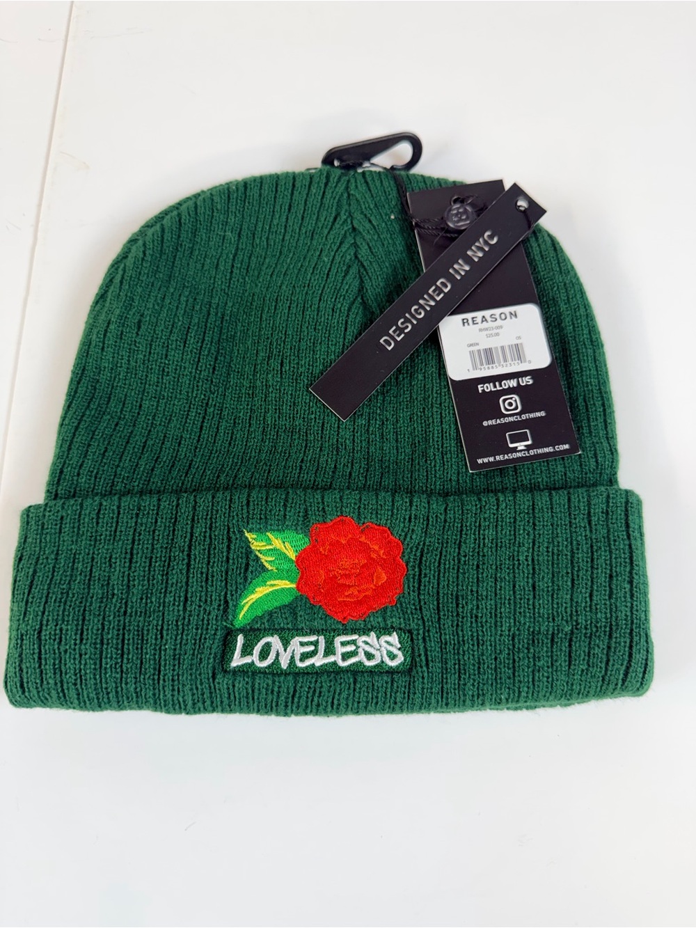 Reason Green Beanie with Red Rose Embroidery